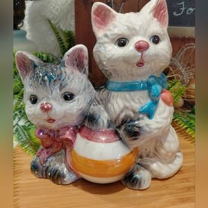 Ceramic Kitten Figurine - White with Blue and Pink Accents